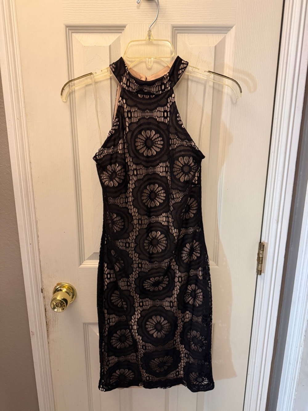 JustFab Black Lace High-Neck Mini Dress with Nude Lining
